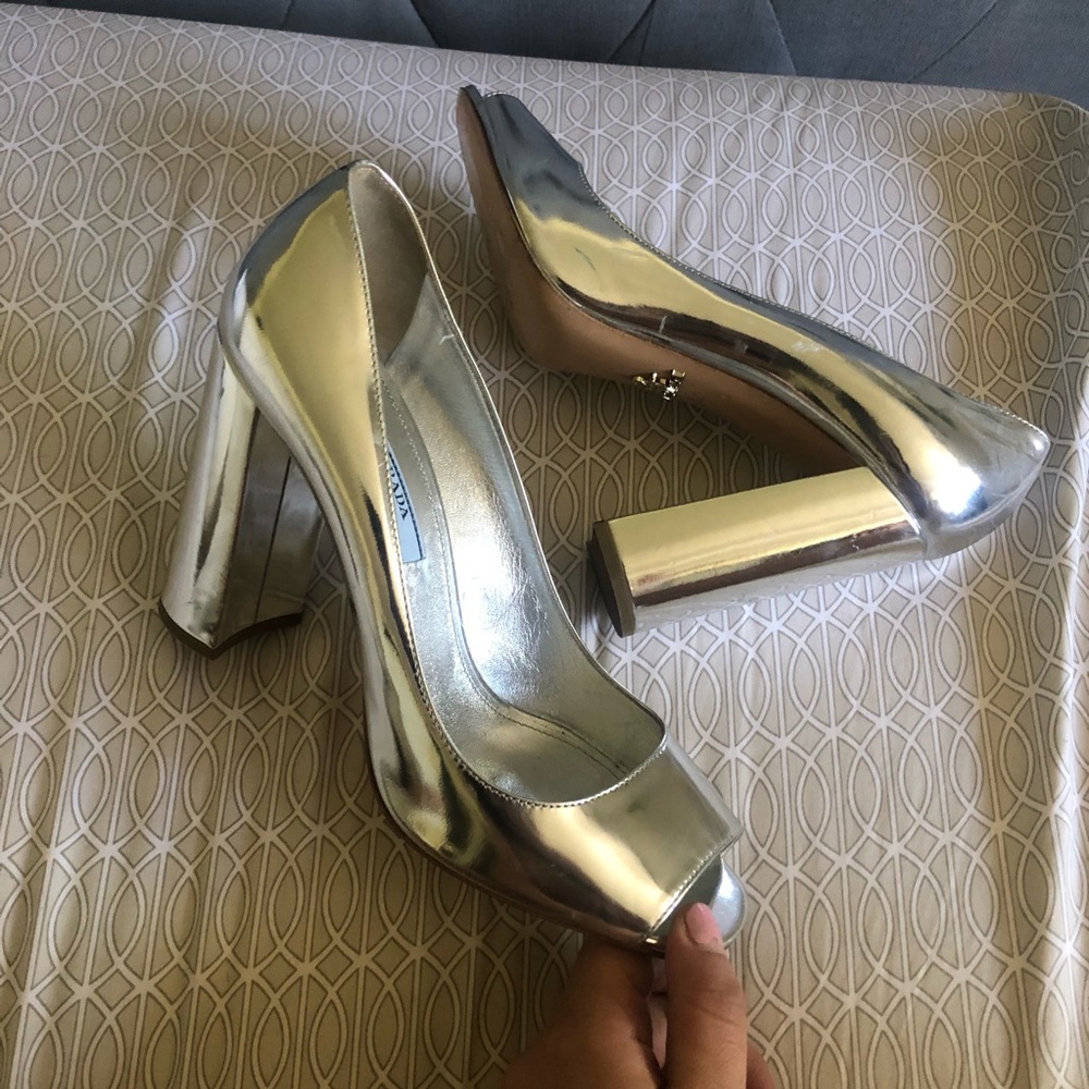 PRADA metallic patent leather peep toe block heel